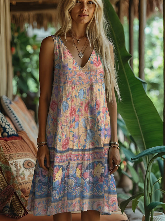 Boho Floral Print Women's Linen Vest Dress artswardrobe