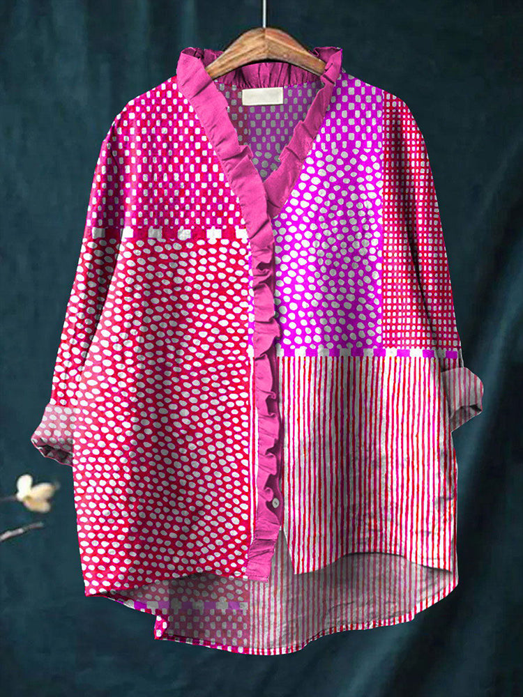 Polka Dot & Striped Print Linen Blend Shirt artswardrobe