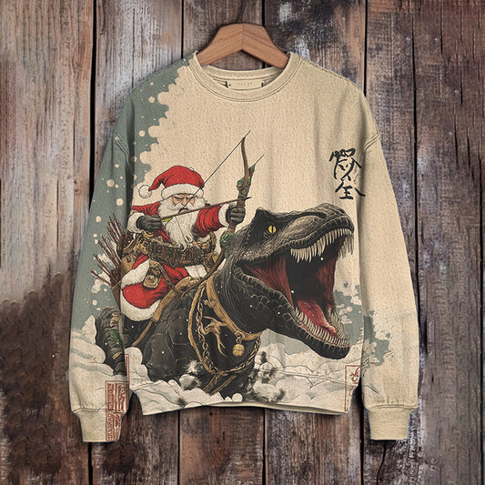 Comstylish Men's Santa Claus Riding A Dinosaur And Shooting Arrows Art Print Sweatshirt