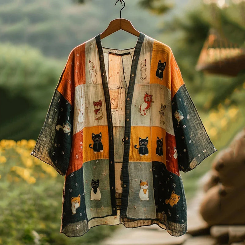Comstylish Summer Farm Cute Cat Natural Patchwork Linen Kimono