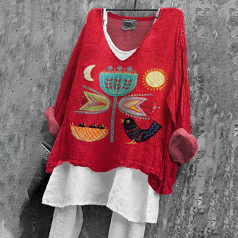 Comstylish Vintage Bird & Flower Embroidery Art Women's Linen Blend Shirt