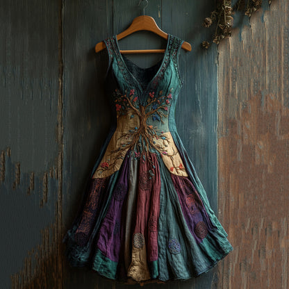 Women's Viking Celtic Knot Art Tree Of Life Patchwork Linen Midi Dress artswardrobe