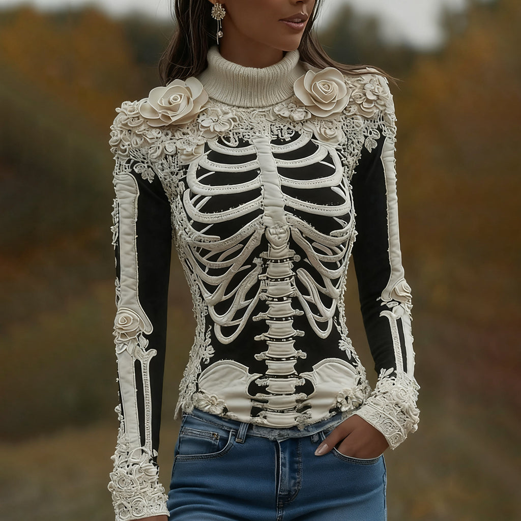 Women's Halloween Skeleton Bones With Roses Art Knitted Warm Turtleneck Sweater artswardrobe