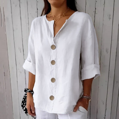 Comstylish Solid Color Linen Blend Button Casual Shirt