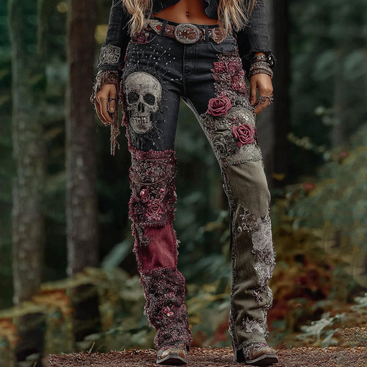 Comstylish Rose And Skull Embroidered Patchwork Gothic Rock Jeans
