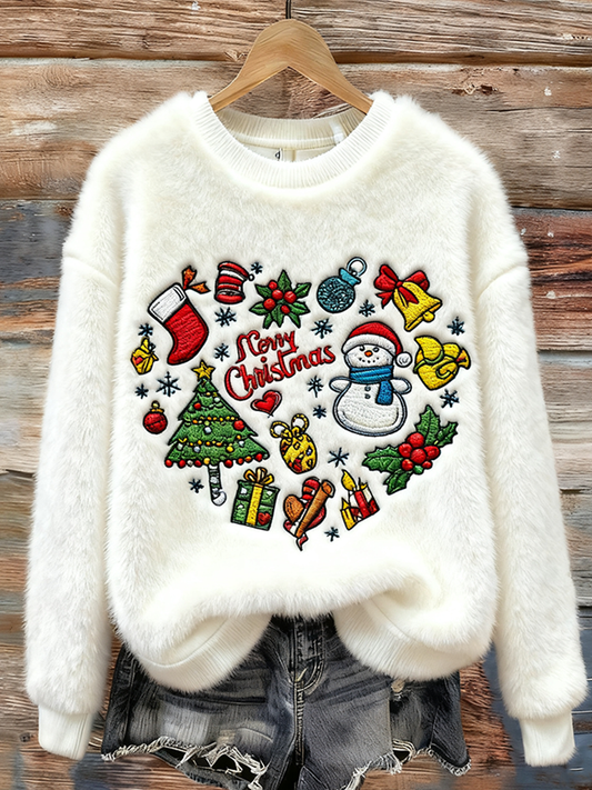 Lady Christmas Winter Warmth Round Neck Flannel Sweatshirt