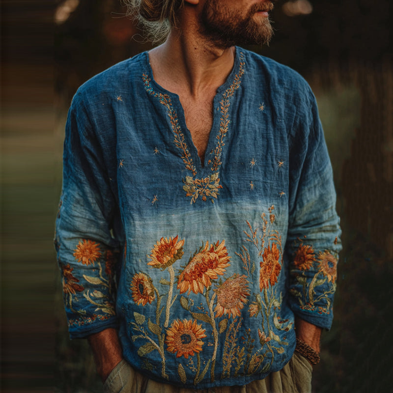 Men's Oil Painting Sunflower And Starry Night Embroidery Linen Shirt