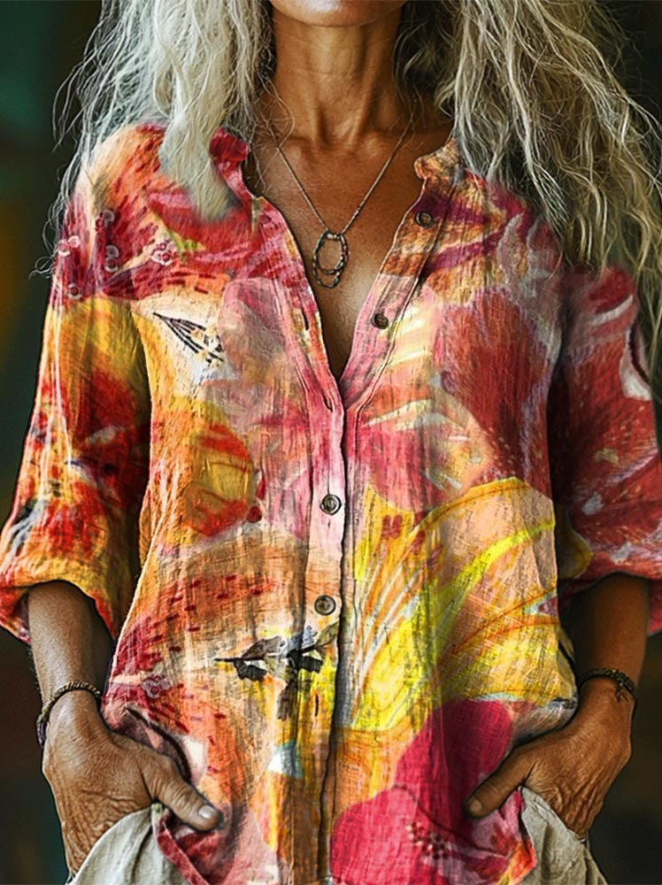 Pink flowers Women's Print Casual Cotton Linen Shirt