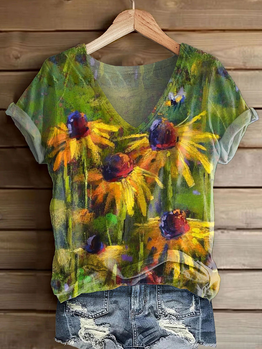 Women's Bohemian Floral Art Print V-neck Casual T-Shirt