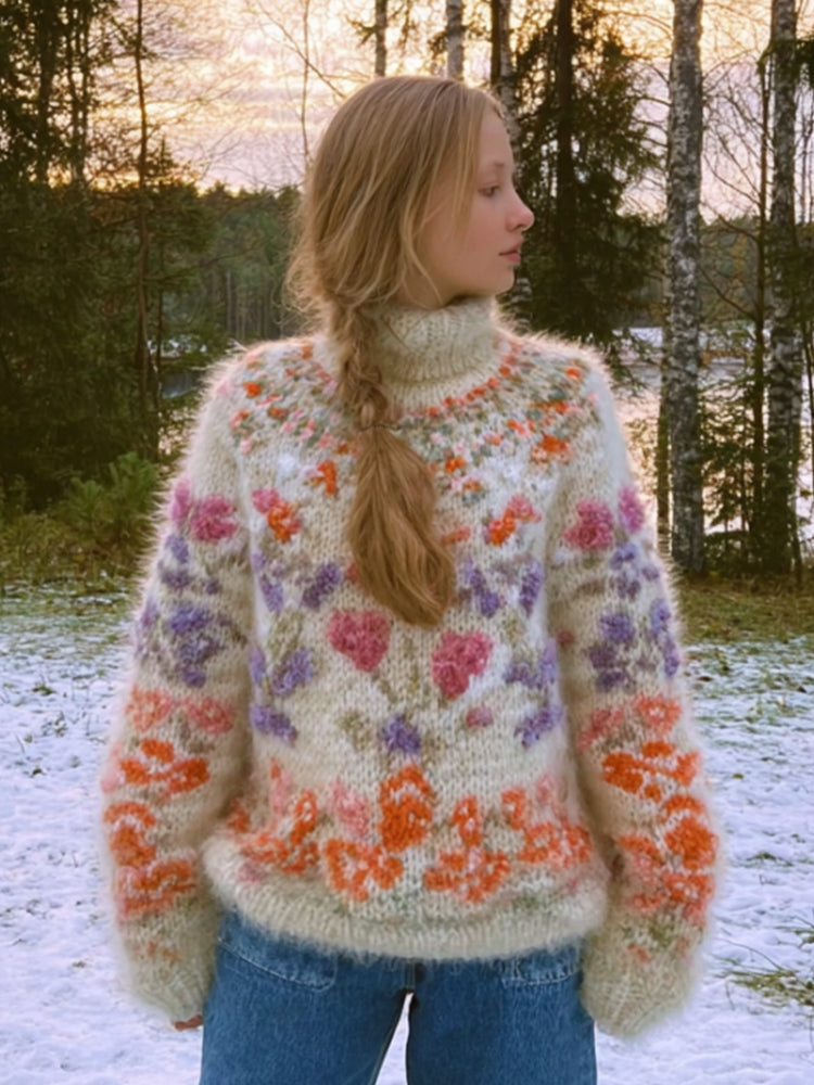 Comstylish Women's Embroidered Flower Warm Plush High Neck Sweater