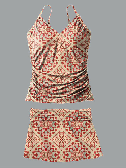 Retro Pattern V-Neck Vintage Flowers Print Suspender Skirt Tankini Pantskirt Set Swimsuit