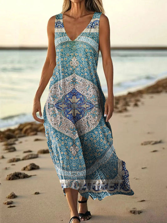 Women's Vintage Ethnic Floral Art Print Pocket Cotton Dress