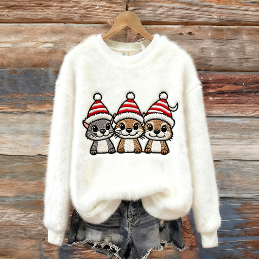 Christmas Fun Animal Pattern Women's Round Neck Flannel Sweatshirt