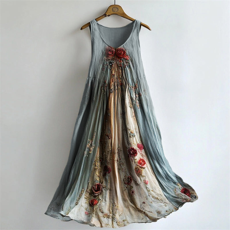 Vintage Roses Floral Flowy Linen Maxi Tank Dress artswardrobe