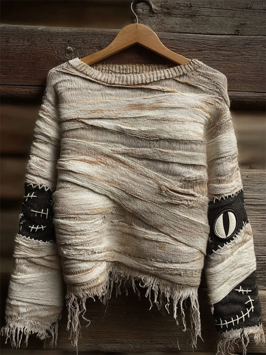 Halloween Spooky Peeking Mummy Bandages Cozy Knit Sweater artswardrobe