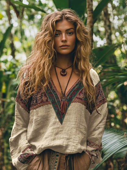 Comstylish Retro Boho Tribal Embroidery Print Cotton And Linen Blend Loose Blouse