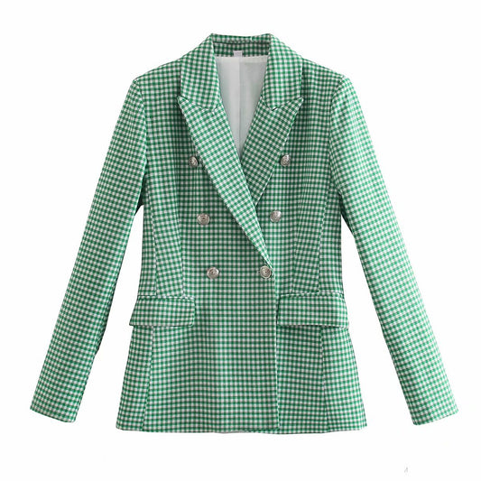 Check Set Double-Breasted Mid-Length Coat