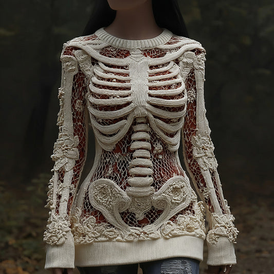 Women's Halloween Skull Sequin Art Knitted Warm Crew Neck Sweater artswardrobe