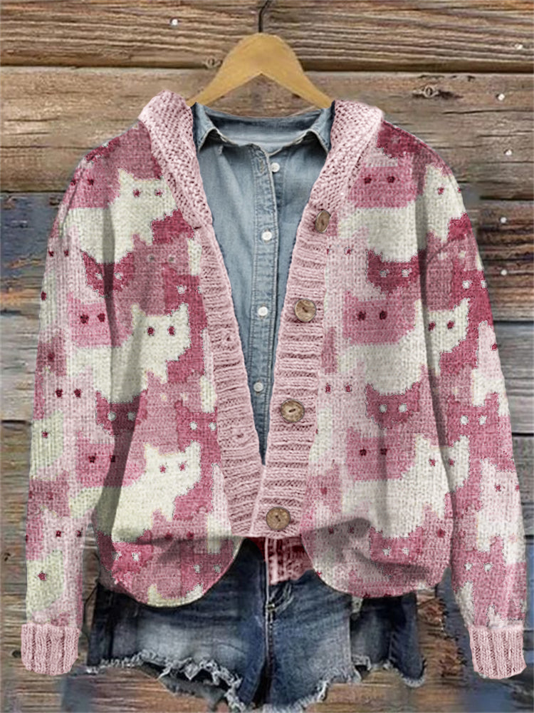 Crowded Cats Pink Knit Art Cozy Hooded Cardigan elevenforest