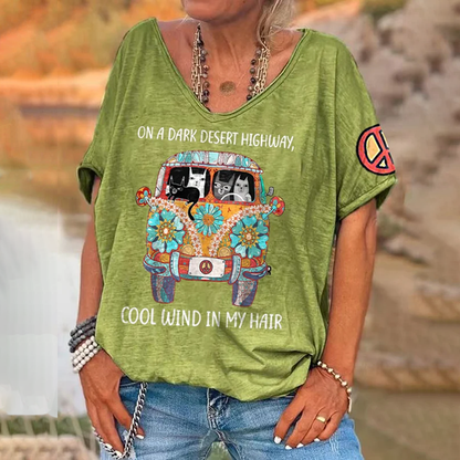 Women's Hippie On A Dark Desert Highway Cool Wind In My Hair Pattern Hippie Vibe Print Casual V-Neck Tee elevenforest
