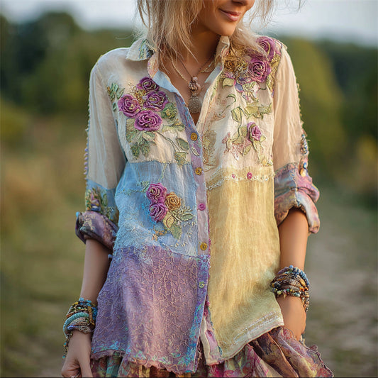 Comstylish Boho Roses Floral Embroidered Colorblock Lace Stitched Linen Blouse