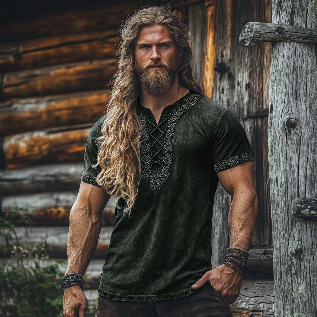 Men's Viking Tribal Celtic Embroidered Art Linen Shirt artswardrobe