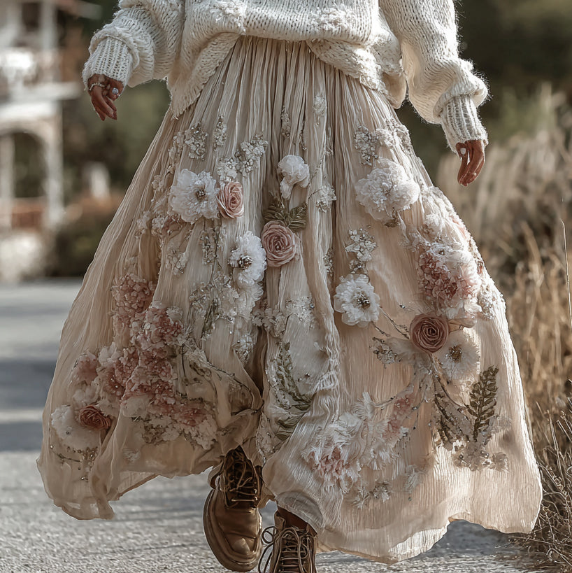 Classic Rose Art Cozy Knit Round Neck Sweater And Linen Skirt Two-piece Set elevenforest