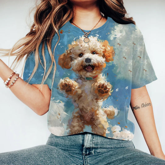 Comstylish Women's Cute Happy Face Puppy Print Round Neck T-Shirt