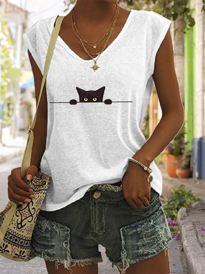 Comstylish Women's Casual Black Cat Print Vest