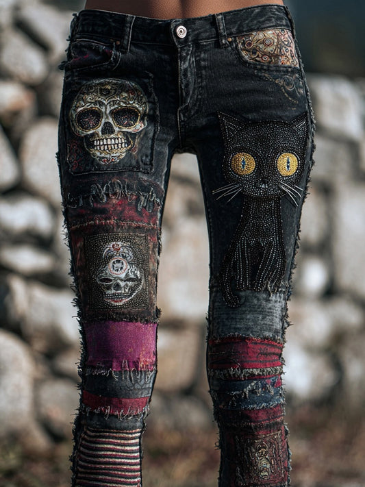 Comstylish Vintage Skull & Cat Embroidered Patchwork Skinny Jeans