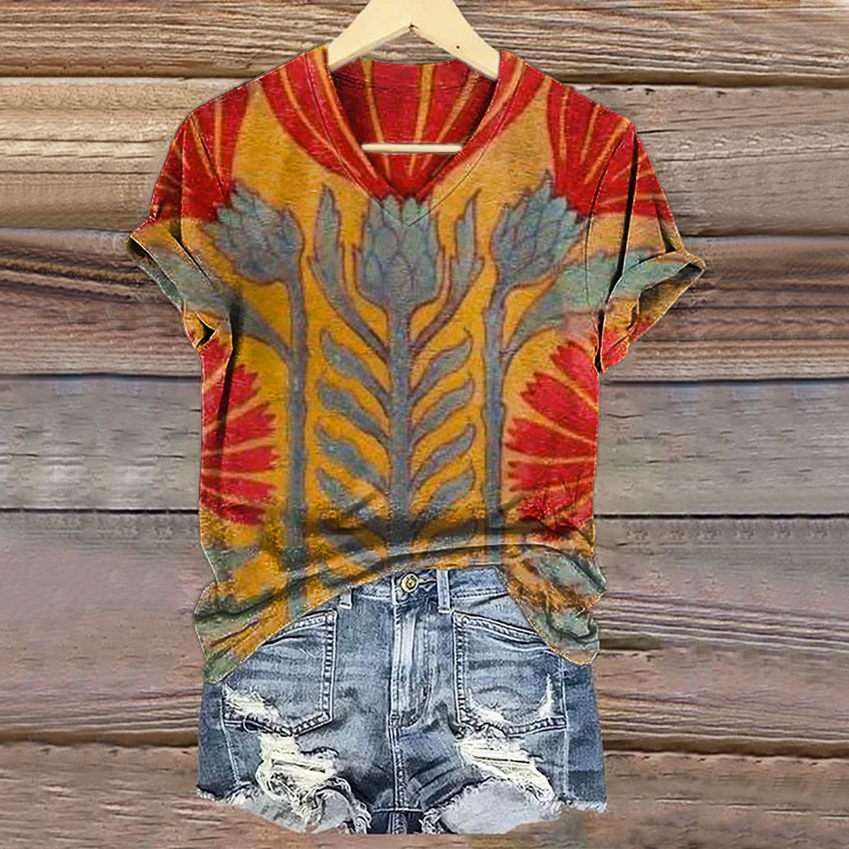 Women's Vintage Floral Art Print V-neck Casual T-Shirt