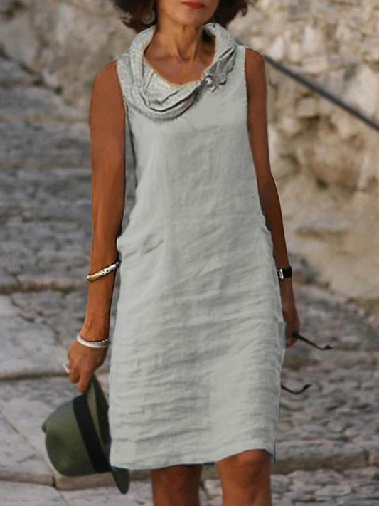 Cotton Linen Sleeveless Pile Neck Casual Dress