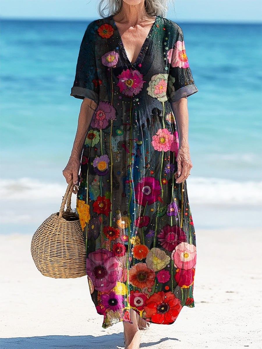 Women's Watercolor Flower Art Print Pocket V-neck Cotton Dress