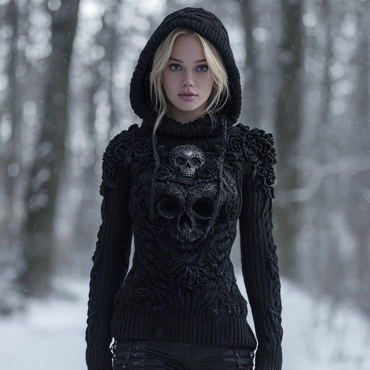 Comstylish Women's Vintage Celtic Knot Skull And Roses Knitted Hooded Sweater