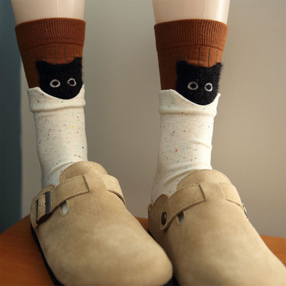 Comstylish Funny Cat Pattern Cozy Knit Mid-calf Socks
