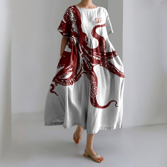 Comstylish Japanese Art Retro Octopus Print Casual Midi Dress