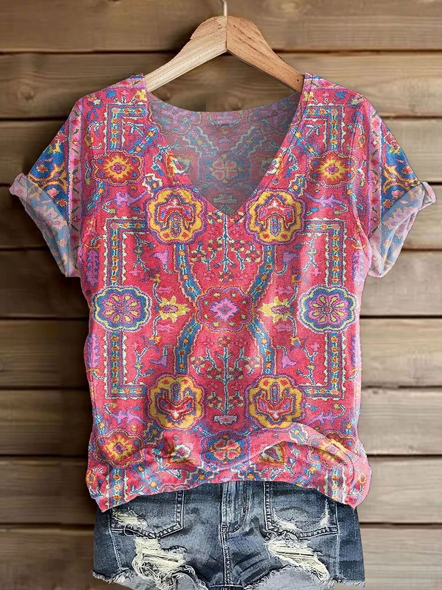 Women's Retro Ethnic Totem Art Print V-Neck Casual T-Shirt