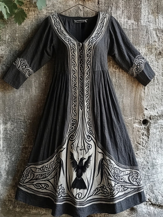 Vintage Raven Viking Celtic Contrast Linen Maxi Dress artswardrobe