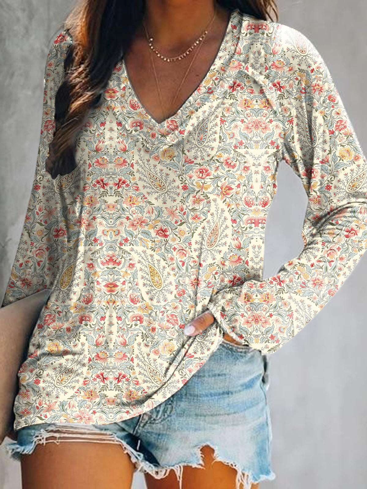 Women's Casual Retro Paisley Floral Art Print V Neck Long Sleeve Tops