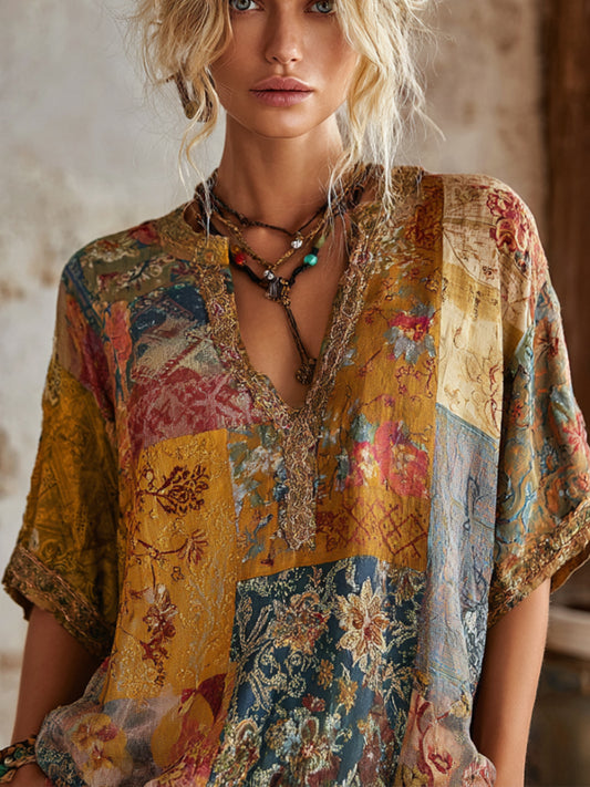 Comstylish Bohemian Style Bright Yellow Patchwork Floral Vintage Tie-dye V-neck Short-sleeved Shirt