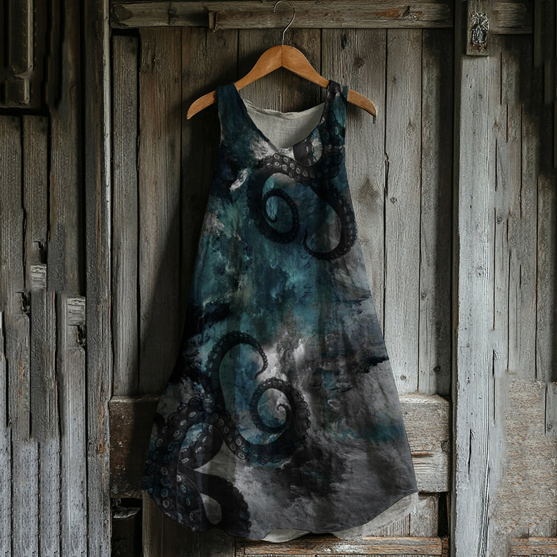 Comstylish Japanese Octopus Gradient Art Linen Tank Dress