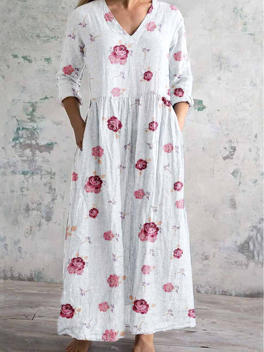 Women's V-Neck Retro Rose Floral Pattern Cotton And Linen Dress
