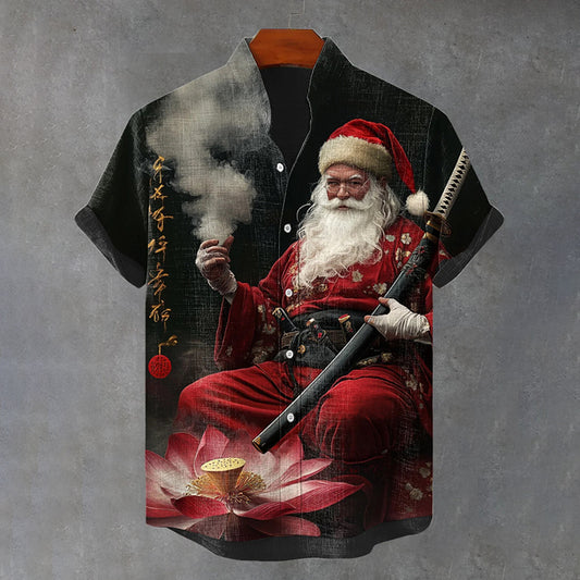 Comstylish Men's Santa Claus Swordsman On The Lotus Seat Art Print Short Sleeve Shirt