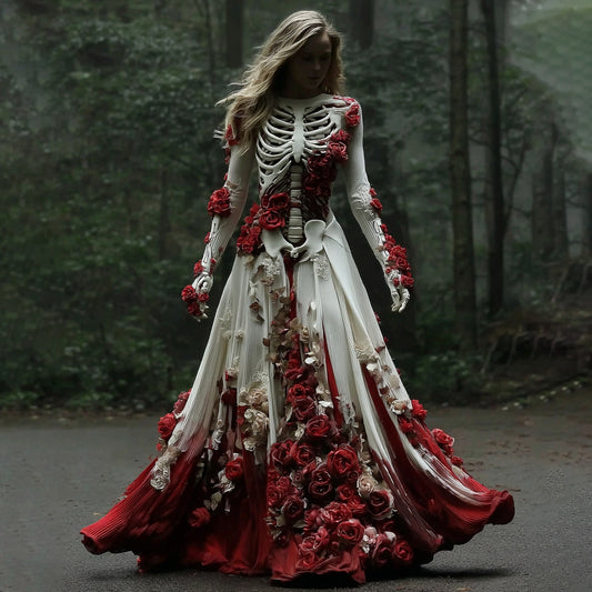 Comstylish Halloween Vintage Skeleton Rose Art Maxi Dress