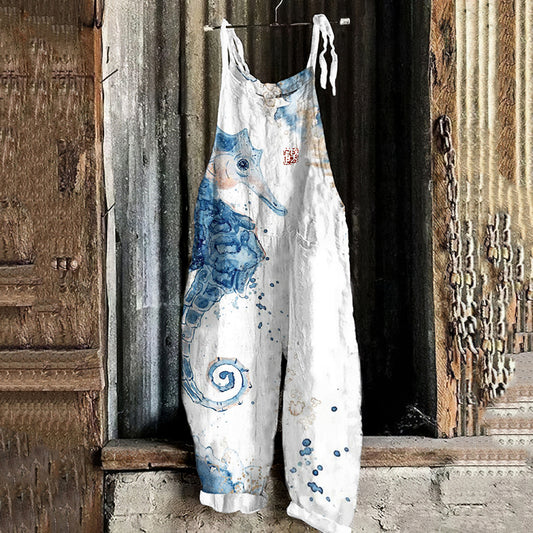 Comstylish Vintage Seahorse Ink Art Loose Casual Jumpsuit