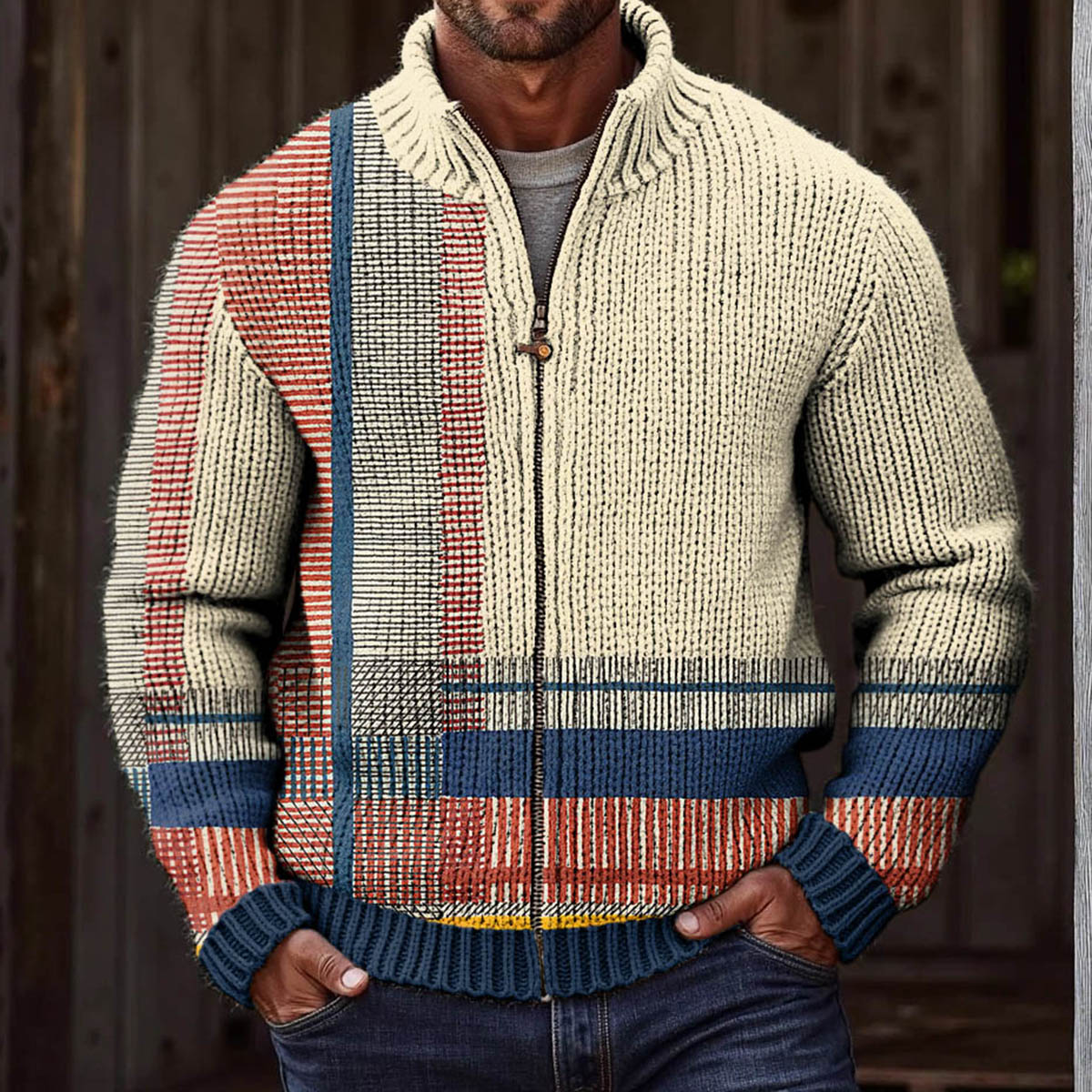 Men‘s Retro Ethnic Stripes Art Zipper Cozy Sweater elevenforest