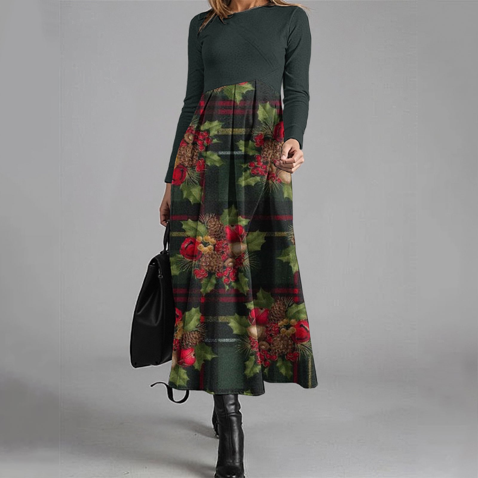 Elegant Floral Print Crew Neck Long Sleeved Midi Dress elevenforest