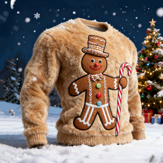 Comstylish Men's Christmas Gingerbread Pattern Cozy Plush Sweatshirt