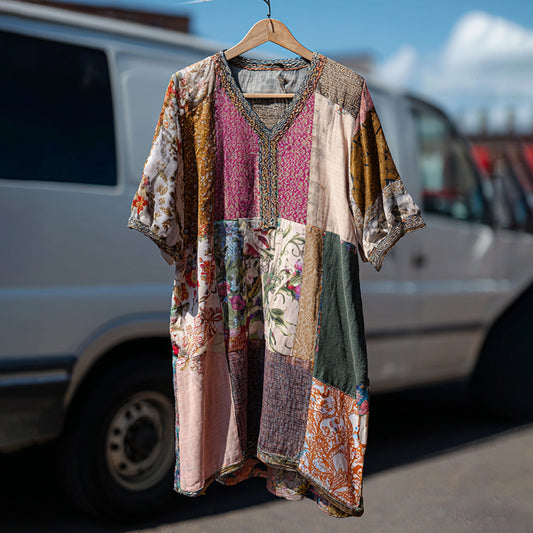 Countryside Style Collection Classy Patchwork Floral Pattern Art Linen Maxi Dress