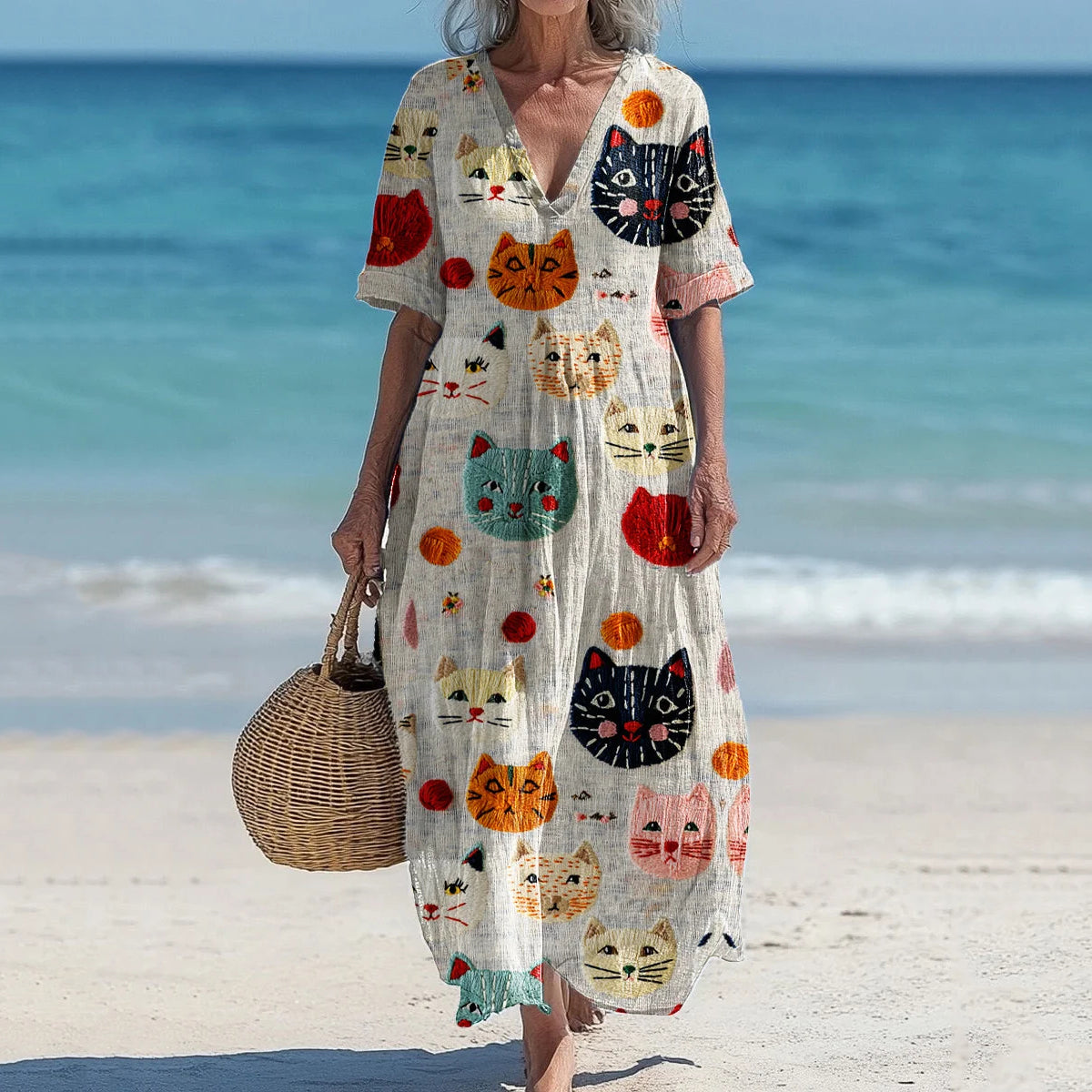 Vintage Cute Cat Embroidered Cozy Linenart Women's Maxi Dress elevenforest